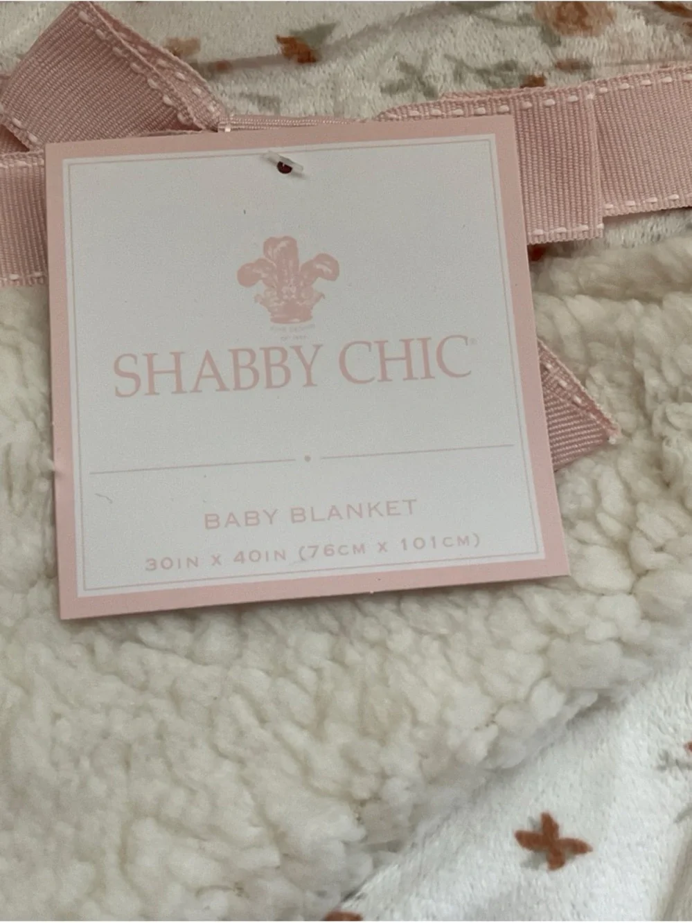 Shabby Chic Floral Sherpa Throw Blanket - White with Pink and Green Accents